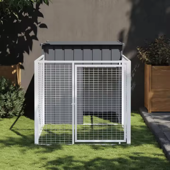 vidaXL Caseta perros con corral acero galvanizado gris 110x201x110 cm - 1