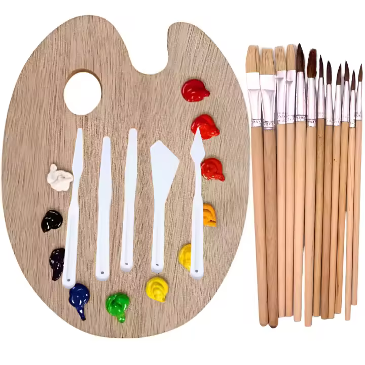 1 Paleta Pintura Acrilica Madera, 12 Pinceles Pintura Acrílica, Oleo y Acuarela mas 5 Raspadores de Plastico - Bandeja para Mezclar Pintura mas Juego de Pinceles para Pintar Profesional con Espatulas - 1