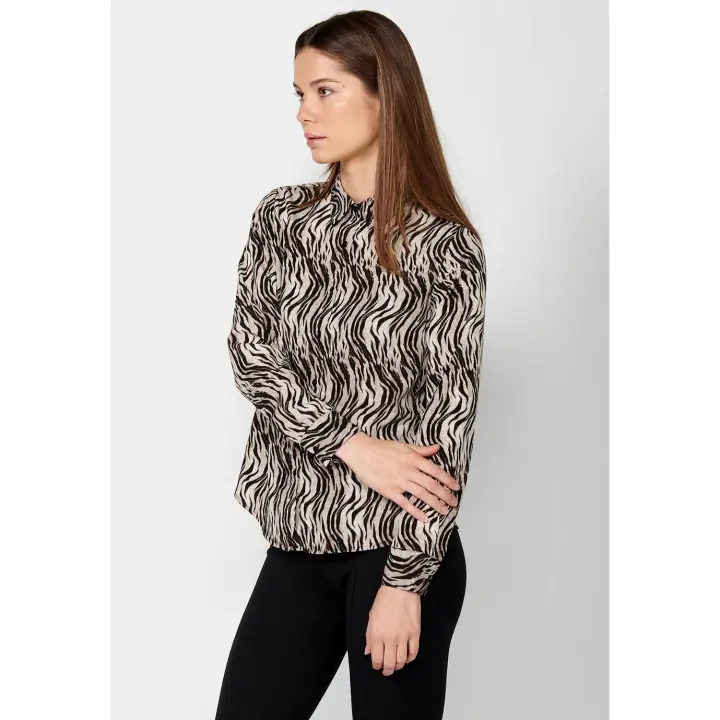 Koroshi Blusa manga larga de cuello camisero y estampado cebra color Marrón para Mujer - 1