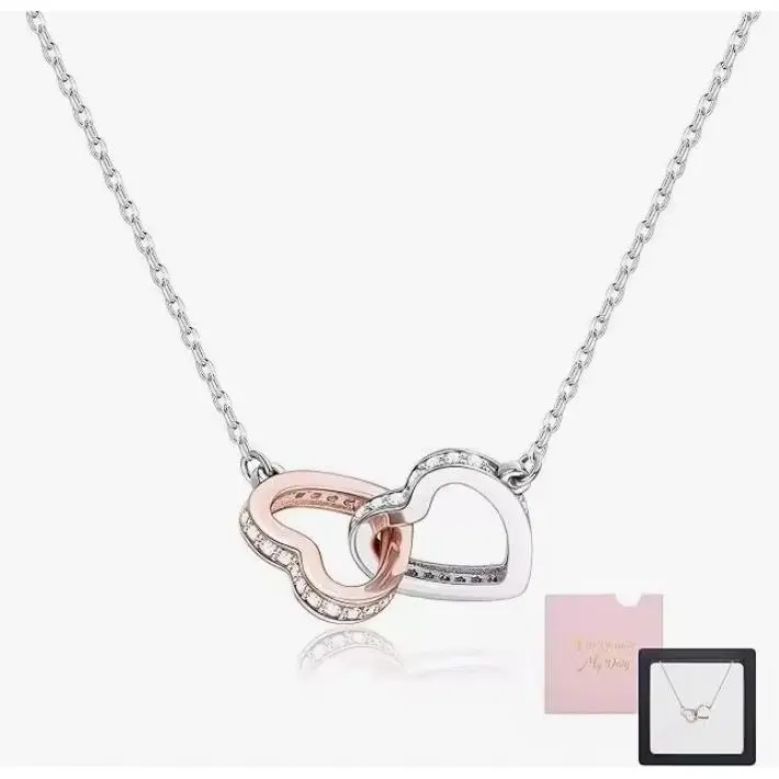 Collar de Plata de Ley 925, collar de Corazón con corazón para Mujer, Cadena con Colgante de Corazón de Oro Rosa y Plata 925 - 1