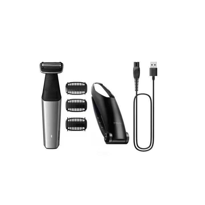 PHILIPS BG5021/15 Afeitadora corporal e íntimo impermeable Bodygroom Series 5000, 3 peines de corte 2-3-5mm, carga rápida/ 1h uso, plata - 1