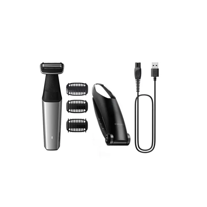 PHILIPS BG5021/15 Afeitadora corporal e íntimo impermeable Bodygroom Series 5000, 3 peines de corte 2-3-5mm, carga rápida/ 1h uso, plata - 1