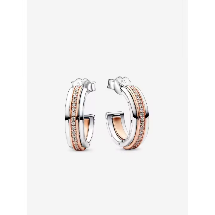 Pandora - Pendientes de aro con logo y pavé en dos tonos de Pandora Signature - Plata de ley, baño de oro rosa de 14 k - 1
