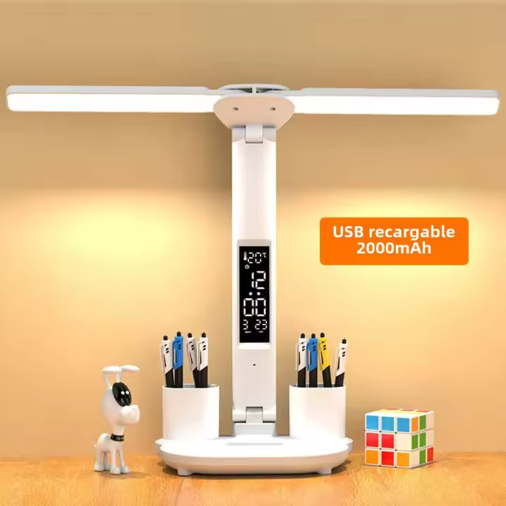 Lámpara De Mesa LED Doble Cabezal Multifuncional Ajustable Con Calendario Y Reloj USB Para Lectura En La Habitación Luz De Noche Lateral - 1