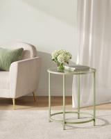 Mesa auxiliar redonda de cristal, marco de acero, en verde laurel o blanco perla, ideal para salón y balcón - details 5