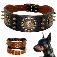 Correa Grande De Cuero Genuino Para Perros Medianos Y Grandes Con Espinas Y Aros Resistente Y Duradera Color Marrón - details 0