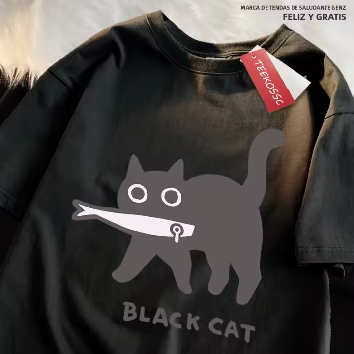Camiseta De Algodón Oversize Para Hombres Y Mujeres Con Diseño De Gato Negro Comiendo Pescado Estilo Japonés Camiseta De Moda Imprimida Transpirable Para Verano - 1