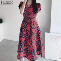 ZANZEA Vestido Midi Elegante Para Mujer Con Cintura Ajustada Estampado Floral Moda Coreana Manga Corta A-line Casual Fiesta - details 2