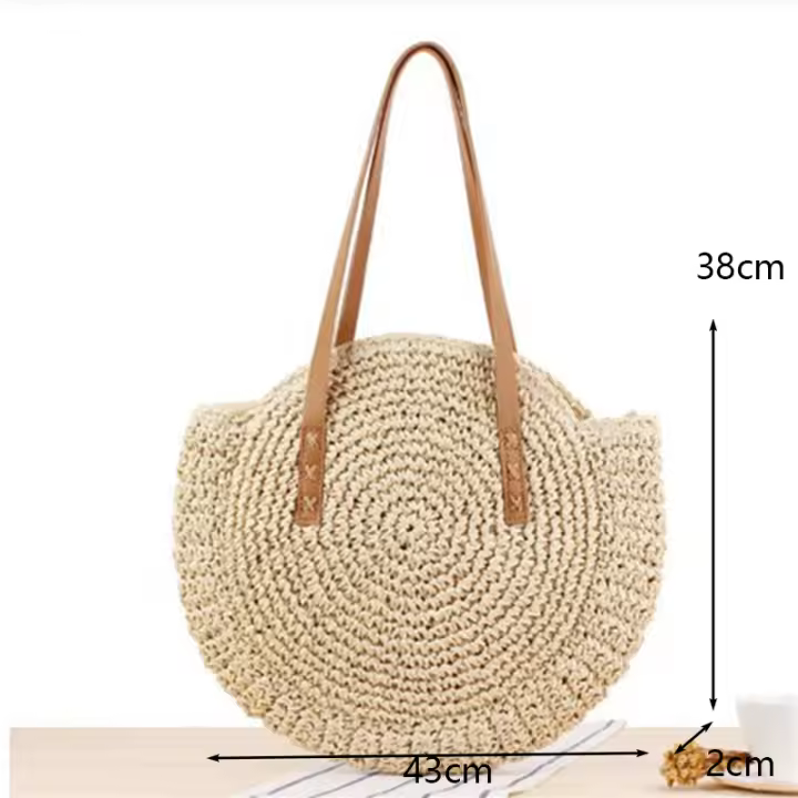 Bolso de hombro de paja hecho a mano vintage Bohemian Round Beach Bag Summer Casual Rattan Circle Rafia Bag for Women - 1