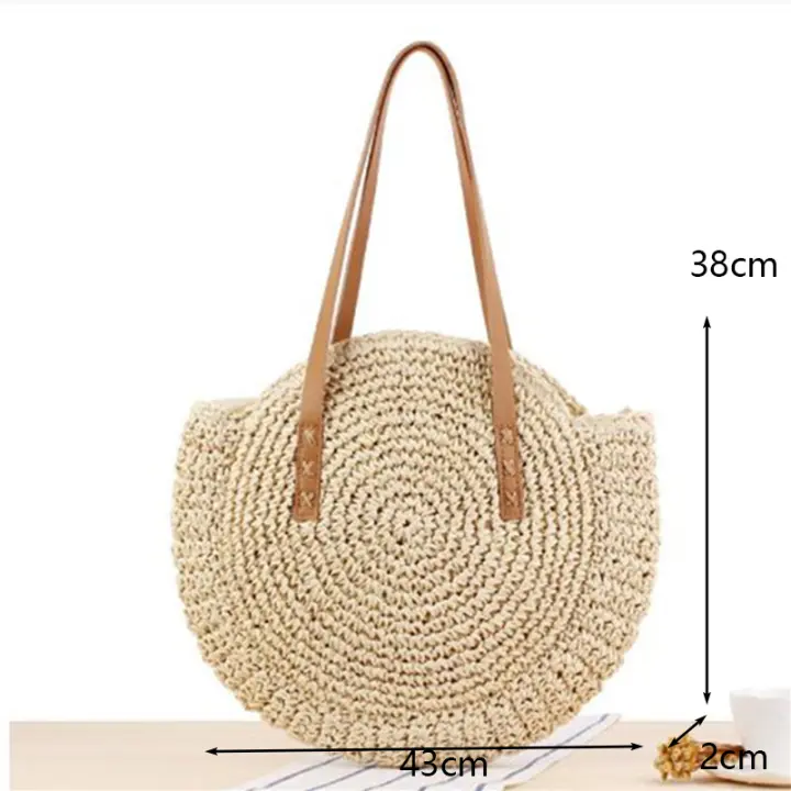 Bolso de hombro de paja hecho a mano vintage Bohemian Round Beach Bag Summer Casual Rattan Circle Rafia Bag for Women - 1