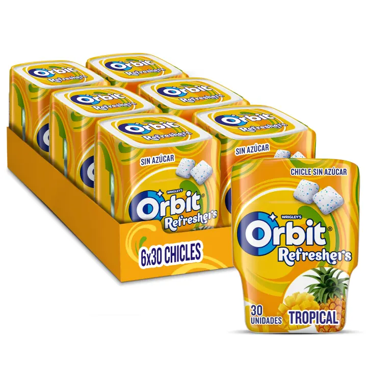 Orbit Refreshers, Chicles Sin Azúcar, Sabor Tropical, en Formato Gragea, 6 Botes x 30 Unidades - 1