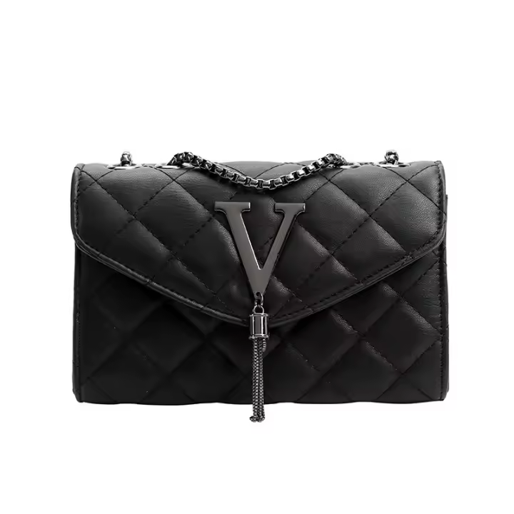 Bolso acolchado para mujer, pequeño con cadena color grafito, bolso de hombro negro - 1