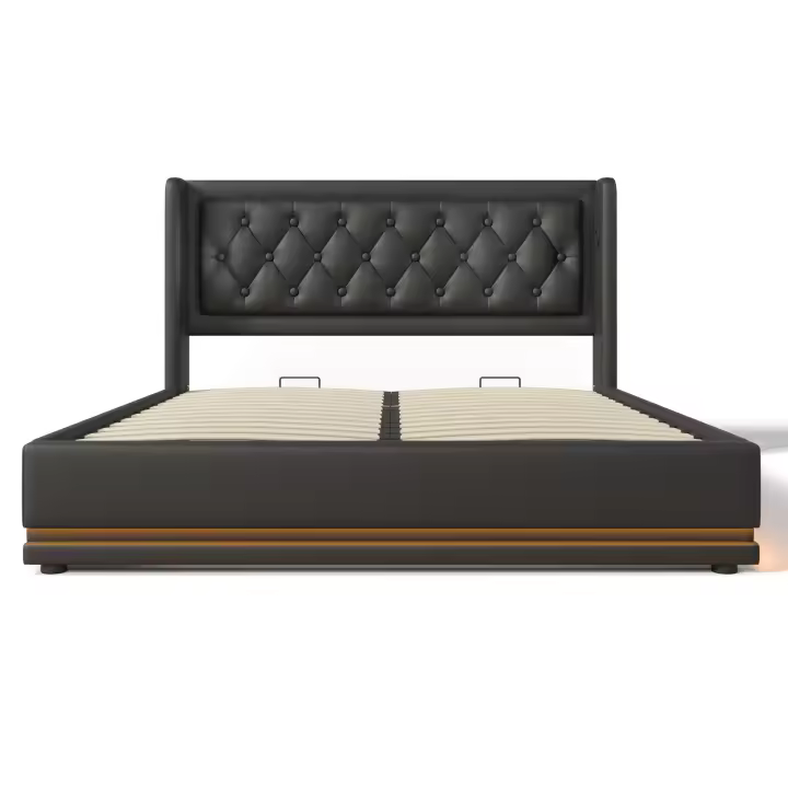 Cama Twin 160x200 cm PU Negro: Alojamiento Hidráulico, Cabecero Tapizado with Carga USB Typo-C y Iluminación LED 3 Caras (Eredón Not Includo) - 1