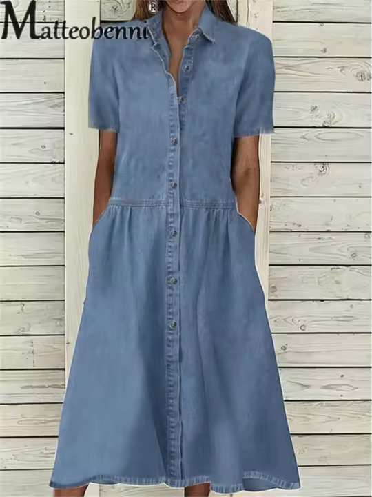 Vestido Casual Para Mujer De Denim Con Cuello En V Manga Corta Color Sólido A-Line Fashion Splicing Cardigan Vestido Trabajo - 1
