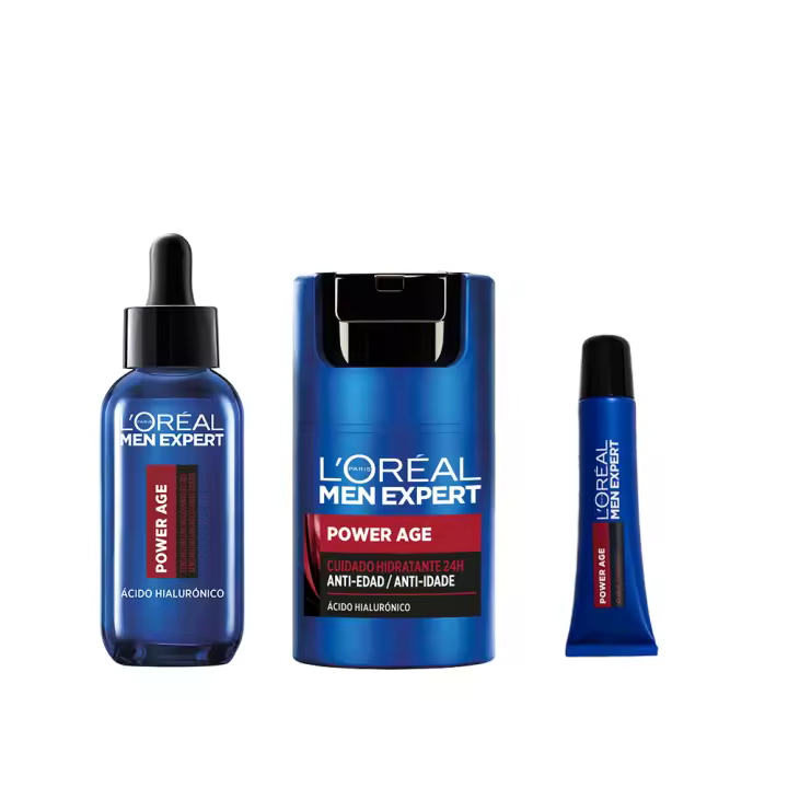 L'Oréal Paris | Rutina Men Expert POWER AGE Sérum hialurónico anti-edad. + cuidado hidratante 24h anti-edad mejorado con Ácido Hialurónico - 50 ml + contorno de ojos anti-edad con ácido hialurónico - 1