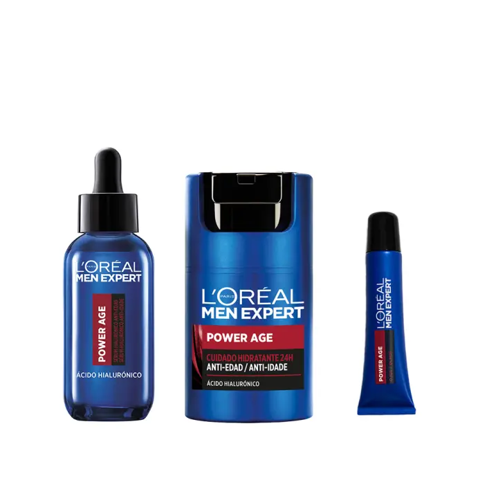 L'Oréal Paris | Rutina Men Expert POWER AGE Sérum hialurónico anti-edad. + cuidado hidratante 24h anti-edad mejorado con Ácido Hialurónico - 50 ml + contorno de ojos anti-edad con ácido hialurónico - 1