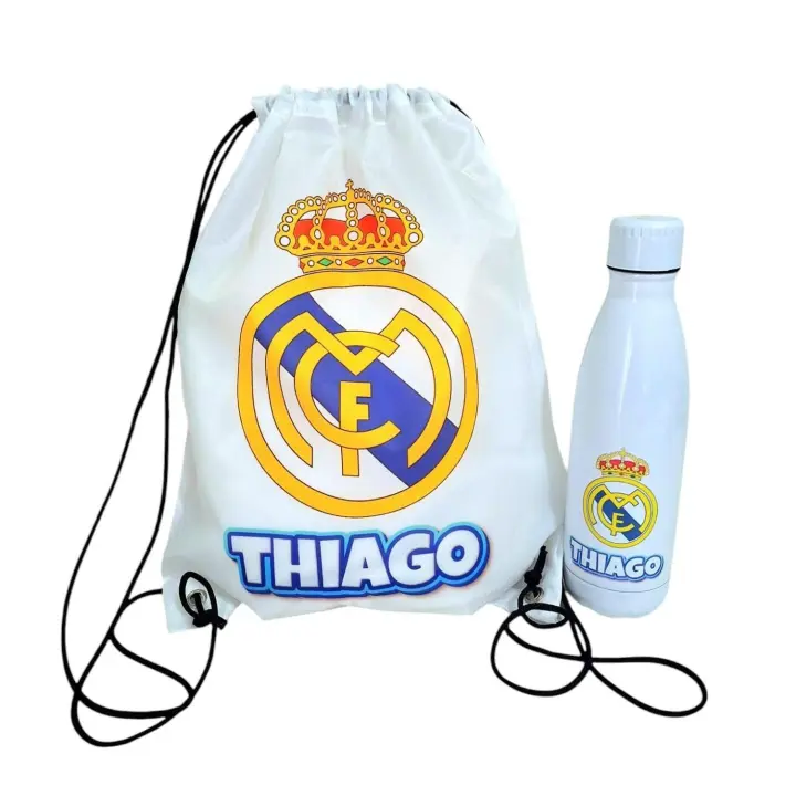 Mochila Poliéster Real Madrid + Botella Térmica 700ML (DEJAR NOMBRE EN CHAT O NOTAS)  Diseño + Nombre - Regalo perfecto - 1