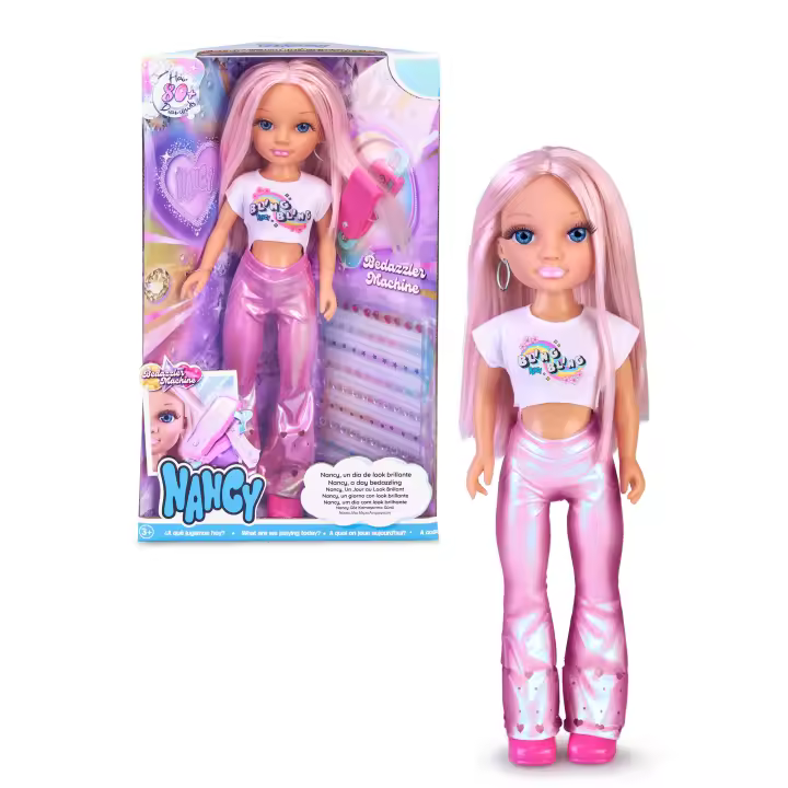 Nancy - Un día de look brillante, muñeca de pelo rosa, juego para peinar y decorar el pelo, crear diseños con brillos, máquina de gemas, 100 accesorios, niños y niñas desde 3 años, Famosa (NAC45000) - 1
