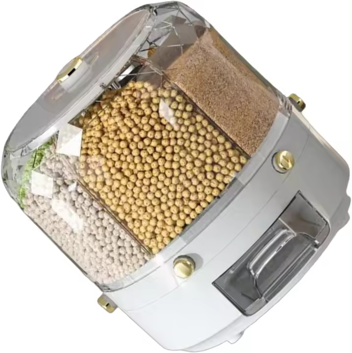 Dispensador de granos sellados fácil de usar, versátil recipiente de almacenamiento de alimentos secos con 6 compartimentos y base giratoria - 1