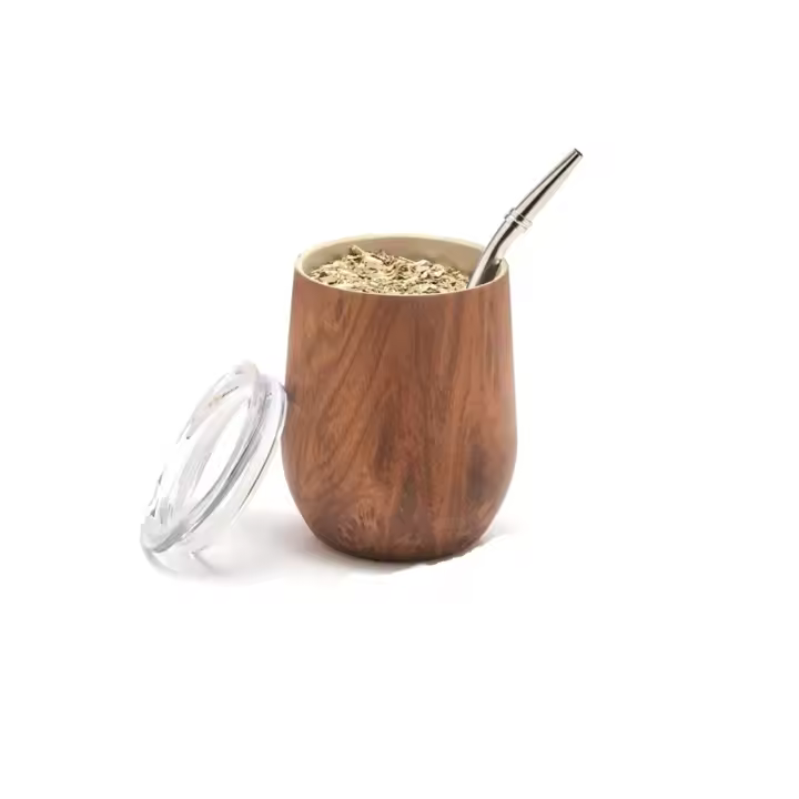 Set de Mate Argentino para Yerba Mate Balibetov - Kit Mate de Vaso para Mate Pared Doble de Acero Inoxidable 18/8 - Incluye Dos Bombilla Mate y un Cepillo para Limpiar la Bombilla (235 ml, Madera) - 1
