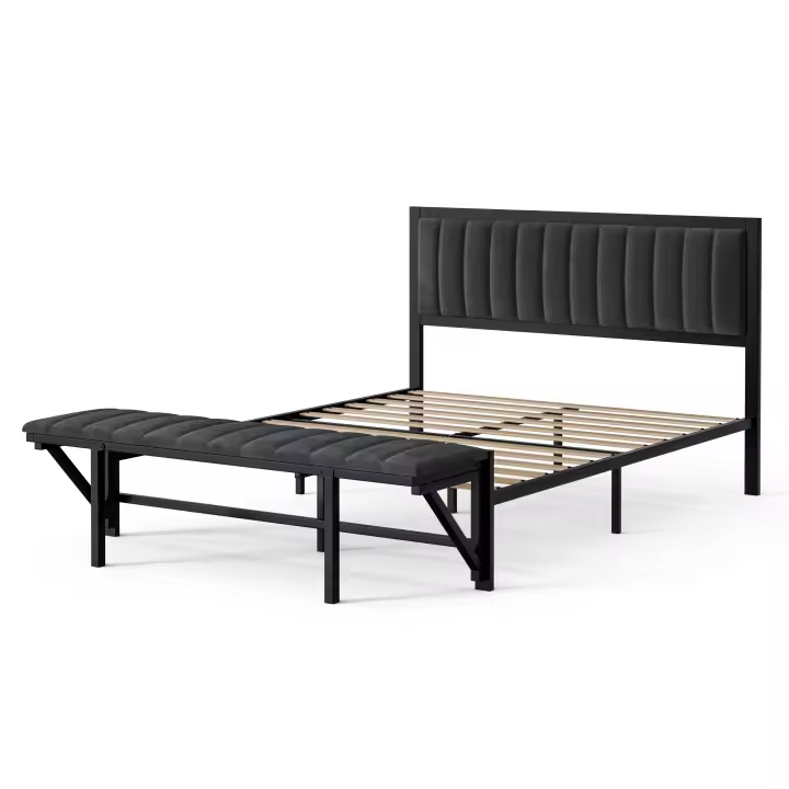 Cama tapizada 160x200cm con aparador con bancos laterales, con bancos laterales, Cama multifuncional con entretención y organización, Armazón de Cama de Hierro, Cama Juvenil, Cama de Adult, Cama Doble, Terciopelo - 1