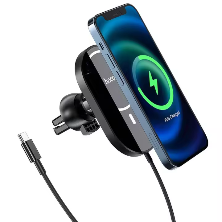 Soporte de coche HOCO CA90 con carga inalámbrica MagSafe 15W. Compatible con iPhone 12/12 Mini/12 Pro/Pro Max, 13/13 Mini/Pro/Pro Max, 14/14 Plus/Pro/Pro Max. Fijación magnética segura y carga rápida. Color negro. - 1