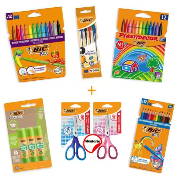 BIC Pack Coloreado y Manualidades - Set de 12 lápices de colores Evolution, 12 ceras Plastidecor , 12 rotuladores lavables Kid Couleur, 4 bolígrafos BIC Cristal de colores surtidos, 1 tijeras y 3 barras de pegamento - 1