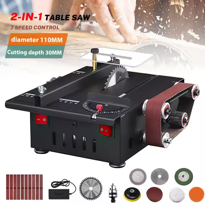 Kit de lijadora de correa de sierra de Mesa 2 en 1 de 150W, sierra Circular de Banco de velocidad Variable, 30mm de profundidad, rectificadora de mesa DIY, máquina de corte de lijado - 1