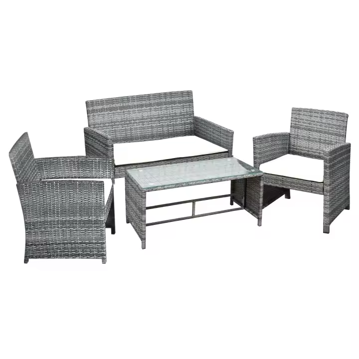 Outsunny Conjunto de Muebles de Jardín de Ratán 4 Piezas Juego de Muebles de Jardín Incluido 1 Sofá de 2 Plazas 2 Sillones y 1 Mesa de Centro con Tablero de Vidrio para Terraza Gris - 1