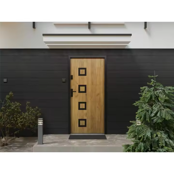 Vente-unique - Puerta de entrada de acero con inox Alt. 207 x Ancho 100 cm acabado roble - apertura derecha - TIFANA - 1