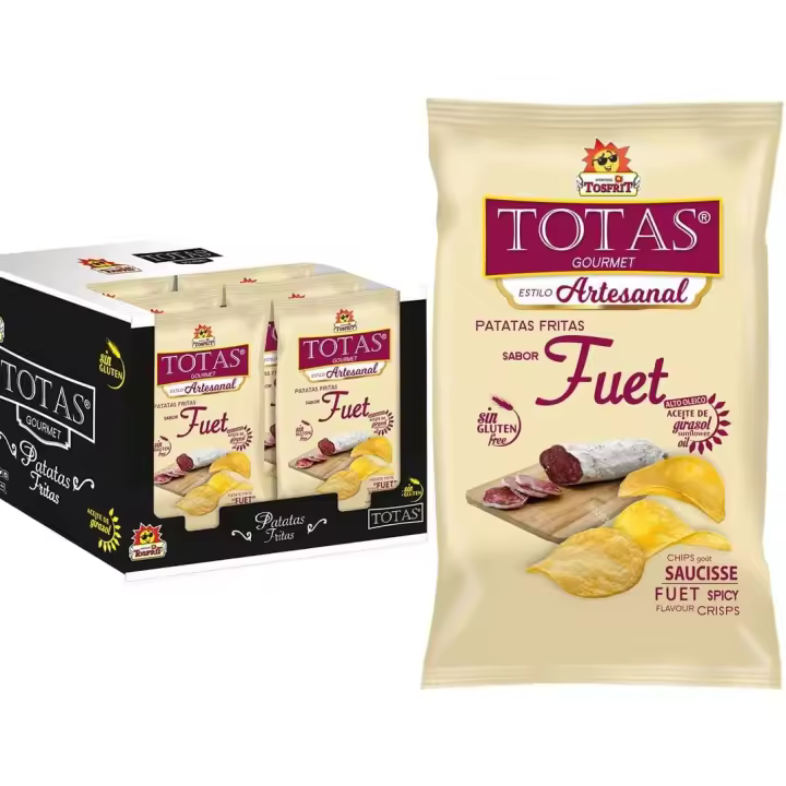 Tosfrit Aperitivos: Caja de Patatas Fritas Onduladas con Sabor a Fuet - 9 bolsas con 130gr cada una - 1