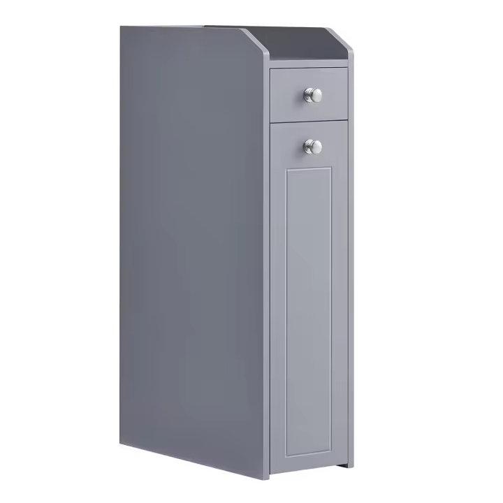 Armario de baño estrecho gris paloma con portarrollos y cajones, solución de almacenamiento vertical para espacios pequeños - 1