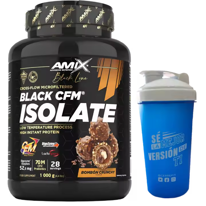 BLACK CFM ISOLATE *todos los sabores* (1KG) - Amix + 1 mezclador r regalo  Bajas en grasas  Baja en azúcares  Alta calidad  90% proteína  Deliciosos sabores - 1