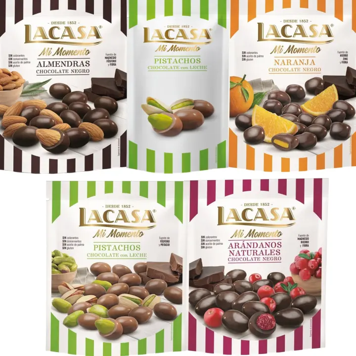 Lacasa Mi Momento pack de 5:Pistacho Leche 50G,Arándano choco Negro 125G,Almendra choco Negro 125G,Naranja choco Negro 125G,Pistacho Leche 100G - 1