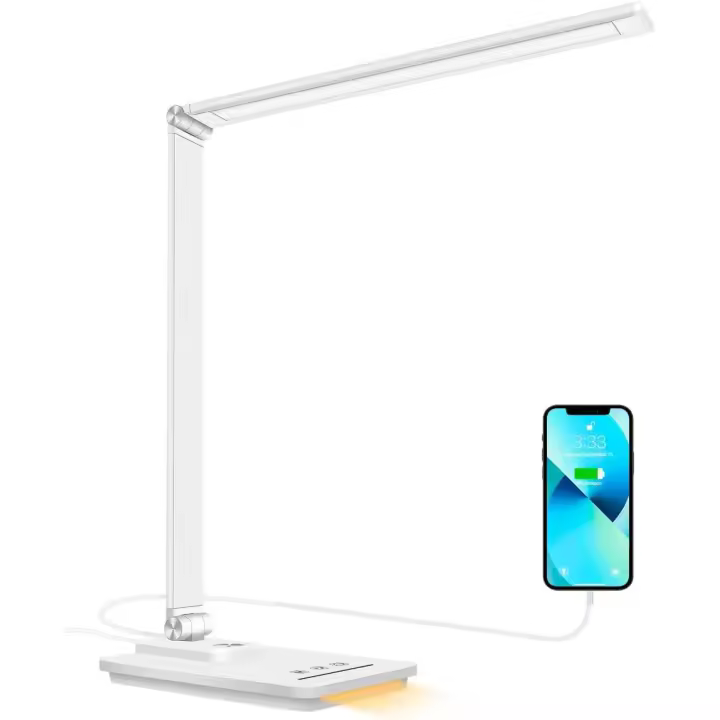 lámpara Led Escritorio, Flexo de Escritorio con luz nocturna, lampara de escritorio con control táctil, Puerto de carga USB, 10 niveles de luminosidad 5 modos, Temporizador de 45min, (Blanco) - 1