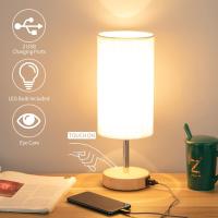 Lámpara de mesa de luz nocturna regulable, puerto USB, control táctil, tela de lino, pantalla E27, lámpara de noche decorativa de madera, lámpara de lectura decorativa - details 0