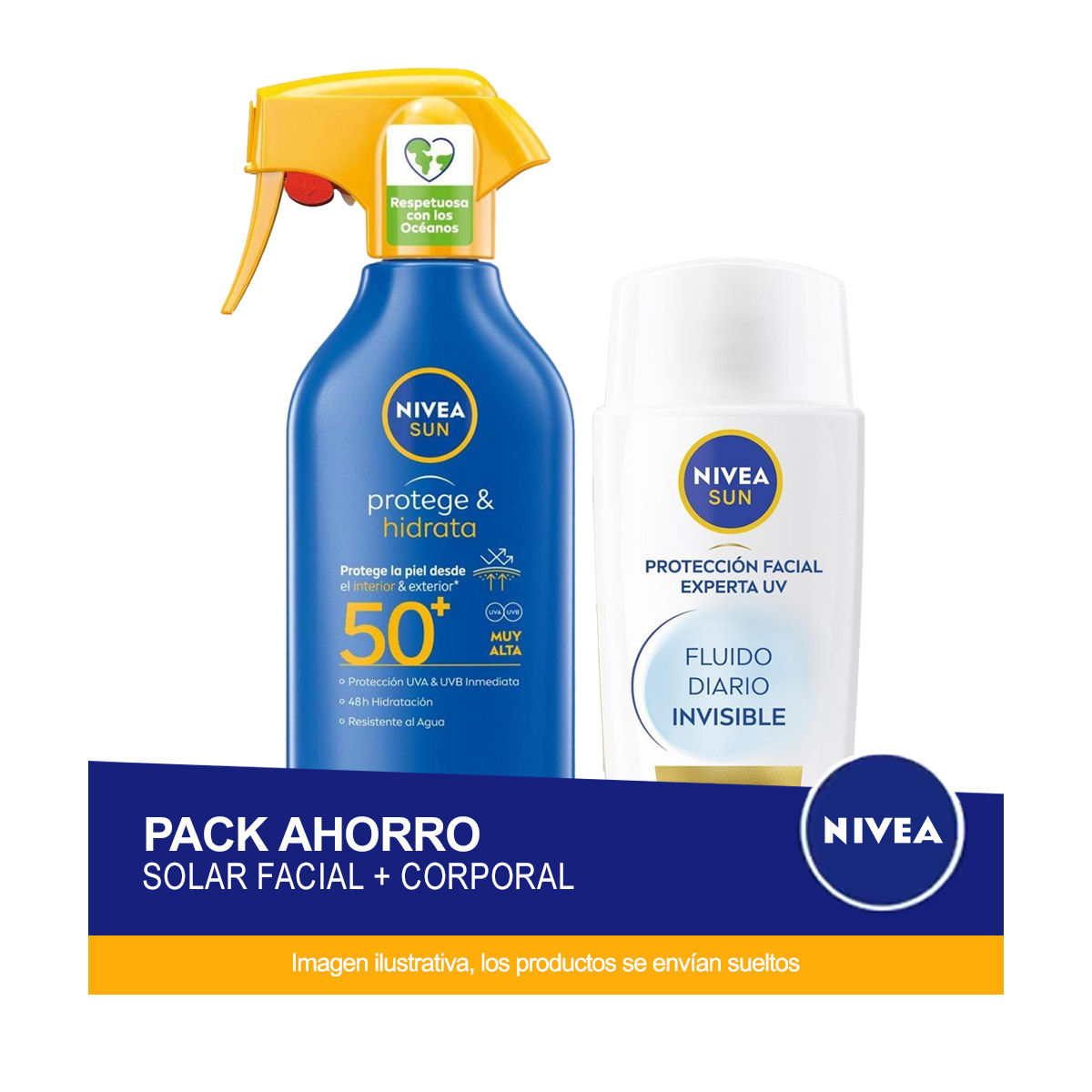 NIVEA SUN - Fluido Facial Diario Invisible FP50+ 40ml + Spray Solar Protege & Hidrata FP50+ 270ml