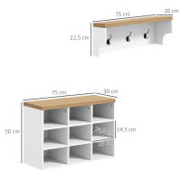 HOMCOM Recibidor con Perchero y Banco Zapatero 2 en 1 Muebles de Entrada con 3 Ganchos y Estantes para 9 Pares de Zapatos 75x30x50 cm y 75x20x22,5 cm Blanco - details 2