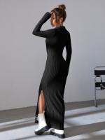 Vestido De Punto Negro Slim Con Cintura Ajustada Y Cuello En V Para Mujer Vestido Largo Casual De Otoño/Invierno - details 2