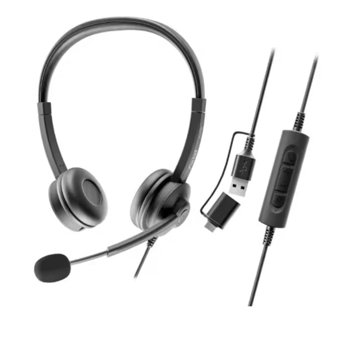 Axtel Flow Auriculares Profesionales USB-A/USB-C con Micrófono con Cancelación de Ruido, Sonido HD 30mm, Plug & Play, Compatible MS Teams, Ultra-Ligeros, Control de Llamadas, Cuero Vegano – Para Oficina y Trabajo Híbrido - 1