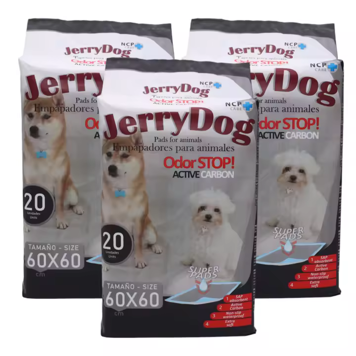 Jerry Dog  Pack 3 Bolsas Empapadores con Carbón Activo para Animales Perros y Gatos (Total 60 Unidades) 60 x 60cm Con Polímeros Super Absorbentes Alfombrilla desechable higiénica de Entrenamiento Atrapa Los Malos Olores - 1