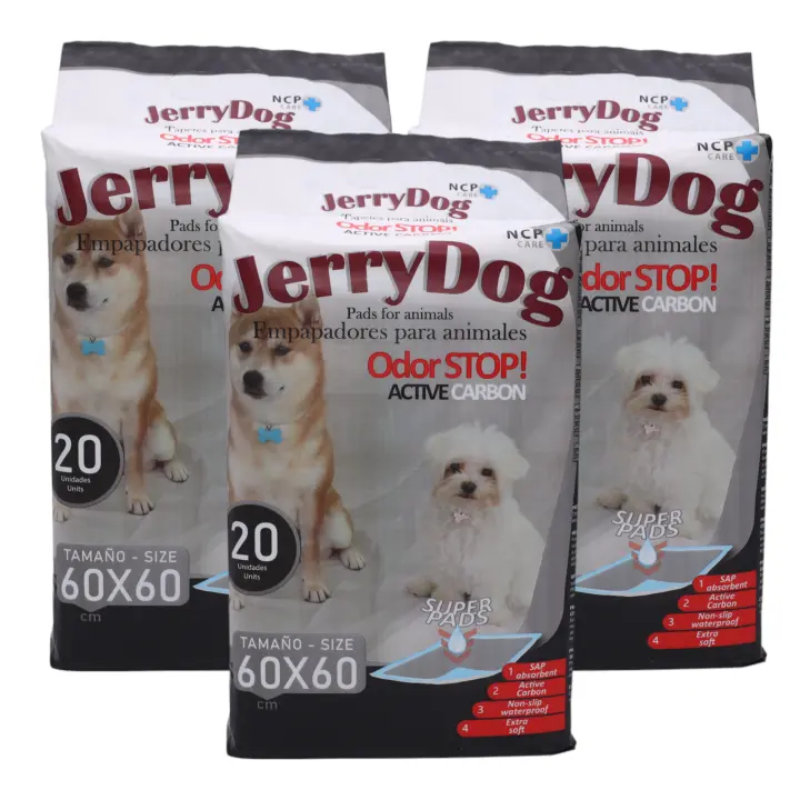 Jerry Dog  Pack 3 Bolsas Empapadores con Carbón Activo para Animales Perros y Gatos (Total 60 Unidades) 60 x 60cm Con Polímeros Super Absorbentes Alfombrilla desechable higiénica de Entrenamiento Atrapa Los Malos Olores - 1