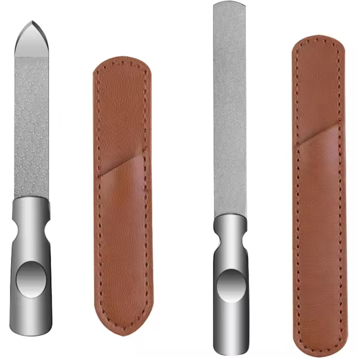 Lot de 2 Lime à Ongles en Acier Inoxydable, Limes a Ongles Polissoir en Métal Double Face avec Poignée Antidérapante, Lime Ongles Professionnelle avec Étui en Cuir - Nail File - 1