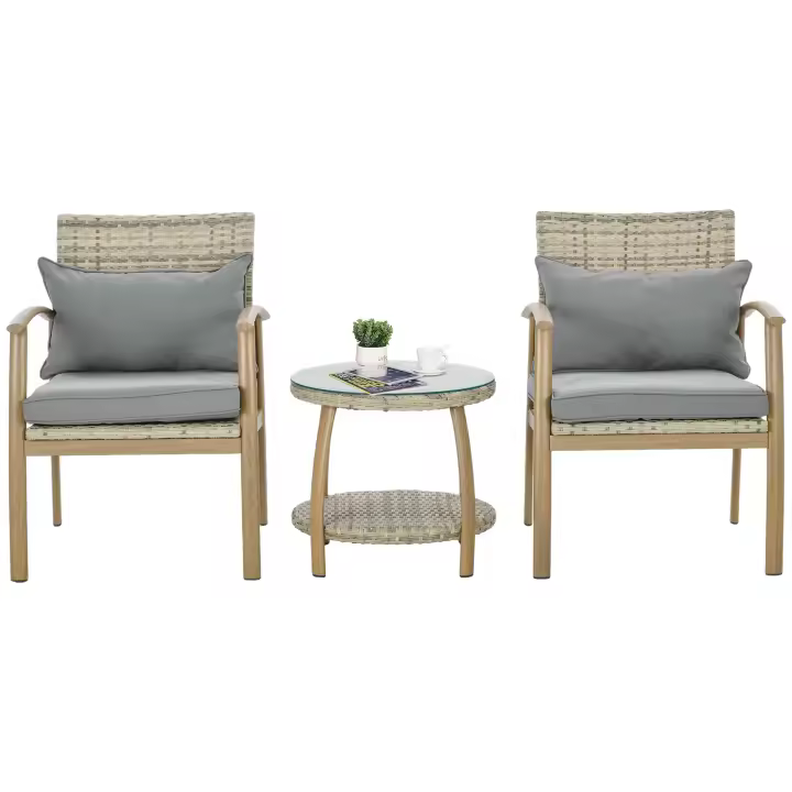 Outsunny Conjunto de Mesa y Sillas de Jardín para Exterior Juego de 3 Piezas Sillas y Mesa de Ratán con Marco de Aluminio Incluye 2 Sillas 1 Mesa de Vidrio Templado y Cojines Natural y Marrón - 1