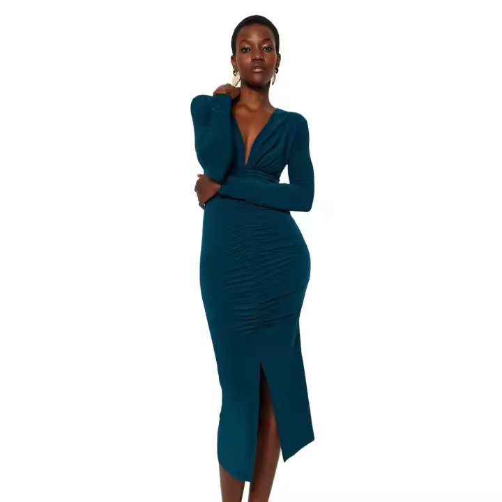 Trendyol Multicolor Plain Gathered Midi Draped V Neck Fitted Stretch Knit Dress Twoaw24El00197 - 1
