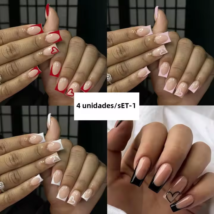 96PCS Uñas Postizas De Presión Con Diseño De Amor En Blanco Rosa Rojo Negro Y Plateado Uñas Cortas Cuadradas Para Fiestas Y Uso Diario - 1