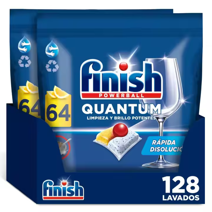 Finish Powerball Quantum, 128 Pastillas para Lavavajillas, Limpieza y Brillo Potentes, Aroma Limón, Formato 2x64 - 1