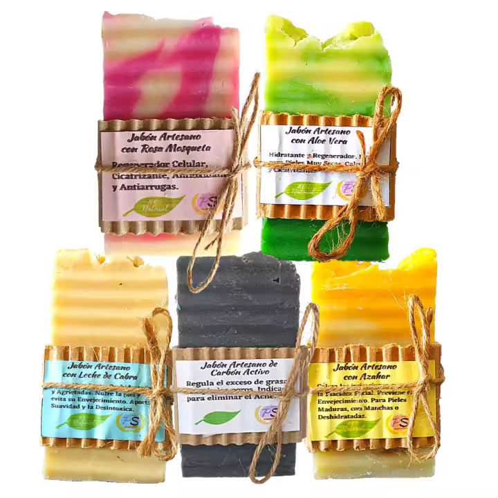 Antiarrugas. 5 Jabones Artesanos Naturales. PumarShop Cinnia Natura. Pack Ahorro  con Leche de Cabra, Rosa Mosqueta y Centella Asiática, Azahar, Carbón Activo y Aloe Vera.🛑 [en caso de falta de stock de alguno, se sustituirá por otro similar] - 1