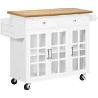 HOMCOM Carro de Cocina Isla de Cocina con Ruedas Multifuncional con 2 Cajones 3 Puertas de Vidrio Templado Toallero y Especiero 124,5x39,5x90 cm Blanco - details 0