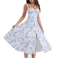 Vestido De Playa Para Mujer Con Estampado Floral Cuello Cuadrado Ajuste Frontal Y Abertura En Pierna Midi Polyester Sin Mangas Vestido De Noche - details 22